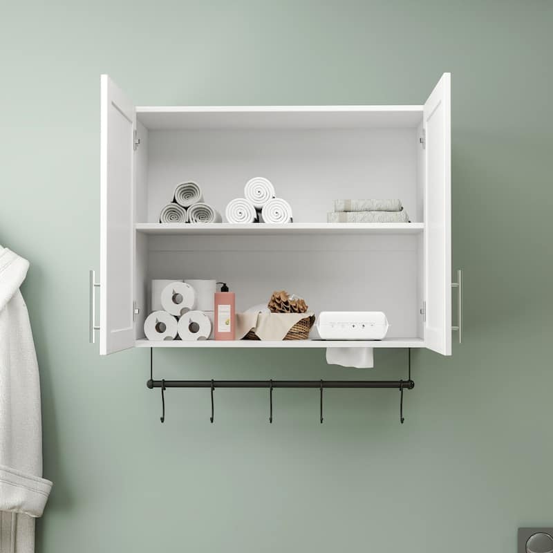 31.50" White Bathroom Wall Cabinet with Adjustable Shelf and 5 Hooks