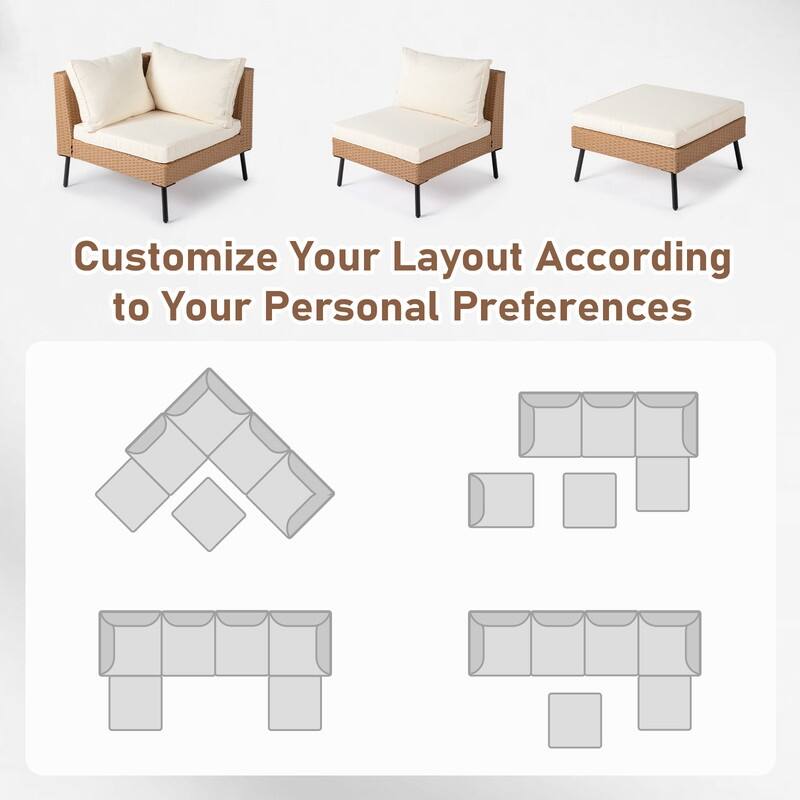 Patio 6-Piece Wicker Sectional Sofa Set with Corner & Ottomans, Adjustable Iron Feet