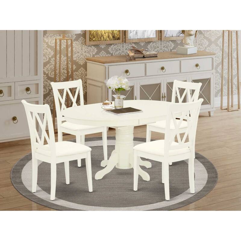 HomeStock 5-Piece Oval Linen White Finish Solid Wood Top Dining table with 4-Chairs with Butterfly Leaf Cross Back