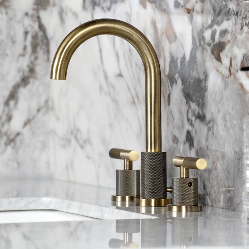 Kingston Brass Convergent Two-Handle 3-Hole Deck Mount Widespread Bathroom Faucet with Knurled Handle and Brass Pop-Up Drain