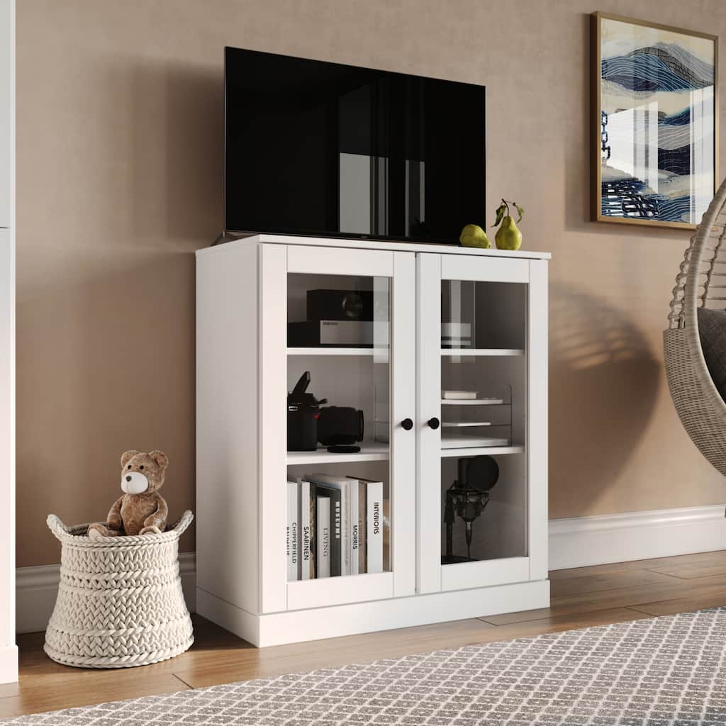 Palace Imports 100% Solid Wood TV Stand with Clear Glass Doors for TVs up to 32"