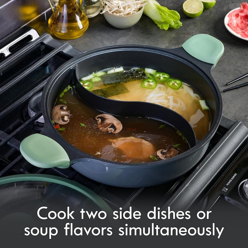Kenmore Theodore 6.5 Quart Nonstick Cast Aluminum Divided Hot Pot Pan with Lid