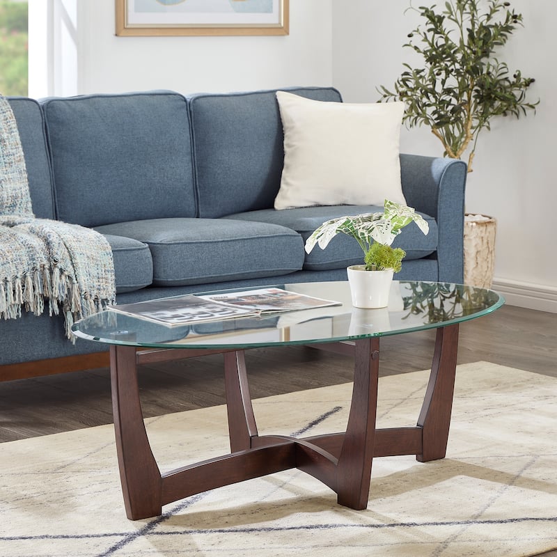 Roomfitters 48-Inch Oval Glass Coffee Table with Metal Frame and Faux Marble MDF Shelf, Modern Center Table, Living Room - Cherry