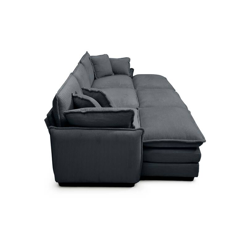 Grey 6-piece Corduroy Upholstered Modular Sleeper Sectional Sofa with 3 Removable Ottoman and 5 Pillows, Free Combination
