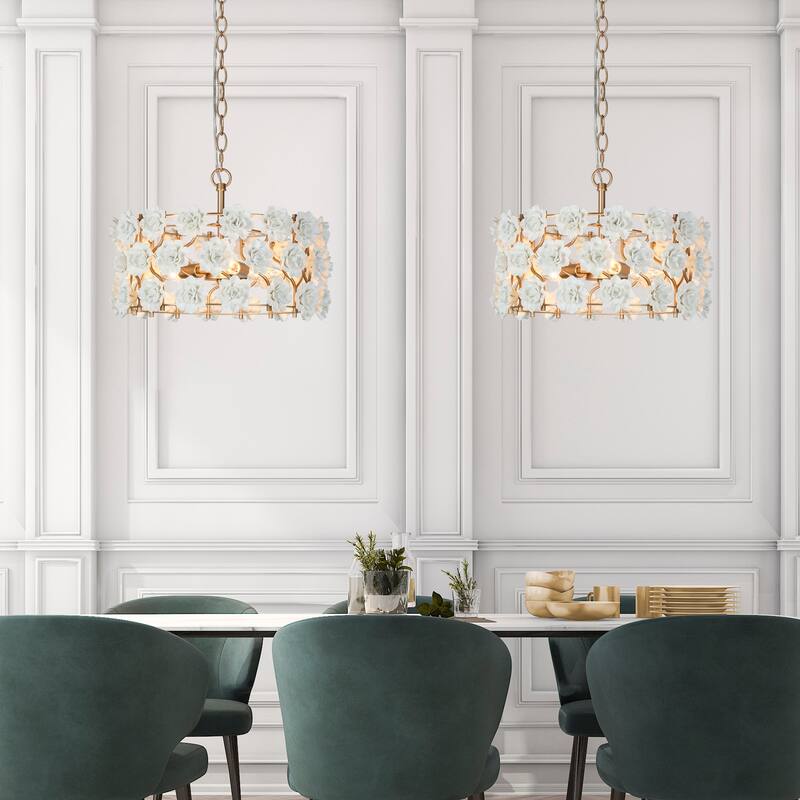 Veitchii Modern Farmhouse Drum Chandelier French Country 3-light Handmade Ceramic Flower - D16" x H 72"
