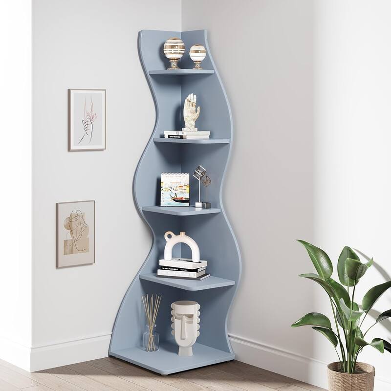 Modern Wood Corner Shelf, 5-Tier Bookshelf Bookcase for Living Room - 1PC - Blue