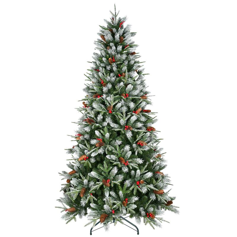 8FT Christmas Tree with 2850 Tips, Red Berries & Pine Cones - Snow-Dusted PE+PVC Branches, Hinged Design,Metal Stand