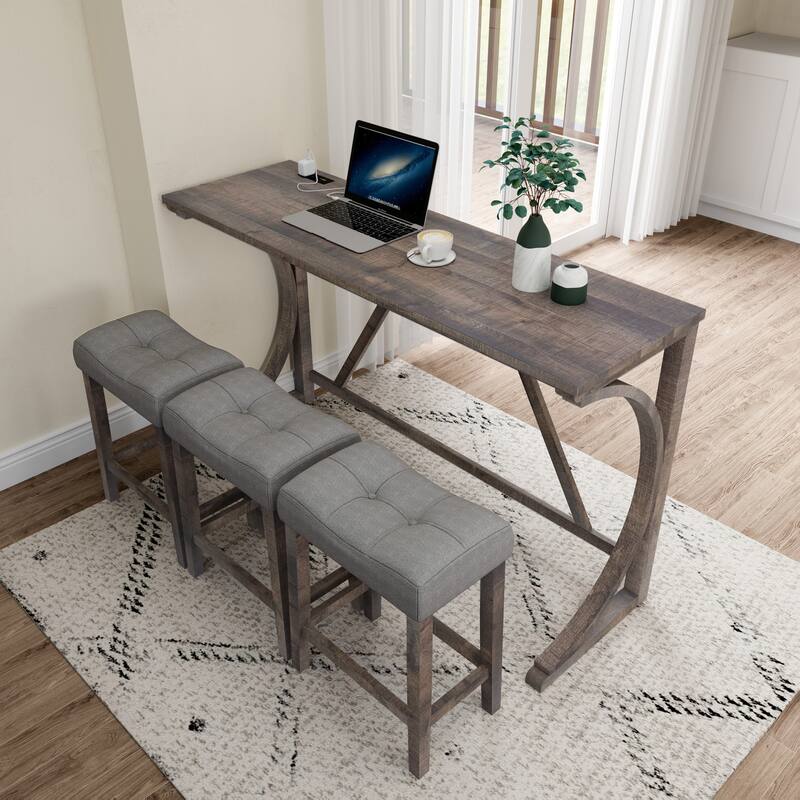 Bar Table Set with Power Outlet, Bar Table and Chairs Set, 4 Piece Dining Table Set, Industrial Breakfast Table Set