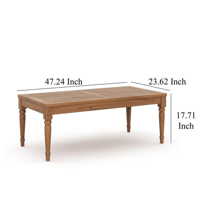 Pena Outdoor Coffee Table, 47 Inch Rectangular Slat Brown Acacia Wood