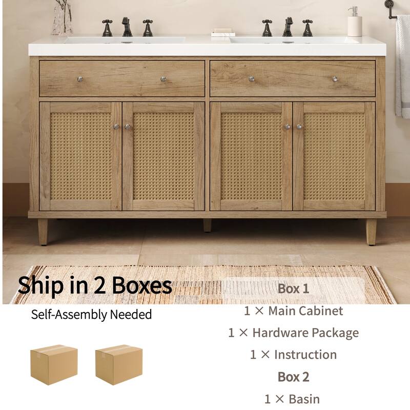 Christopher Knight Home - Bellmere 60" Modern Double Sink Bathroom Vanity with SMC Sink, Soft-Close Storage, and Solid Wood Legs
