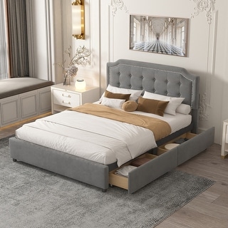 Queen Size Velvet Upholstered Platform Bed with 4 Big Storage Drawers ...