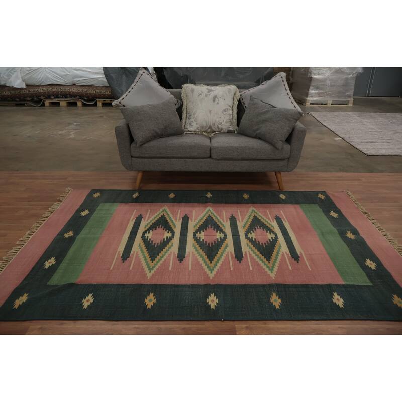 Hand Woven Oriental 100% Wool Carpet Southwestern Geometric Pink Kilim Area Rug - 8' 4'' X 5' 4''