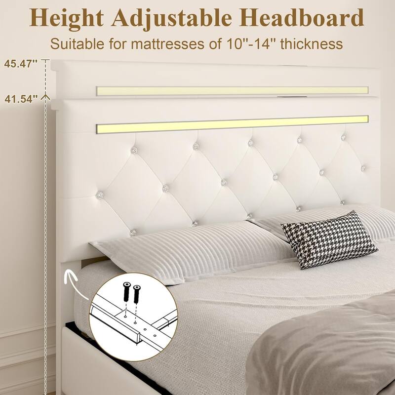 Full Size Bed Frame with LED Light and Storage Drawers, PU Upholstered Bed Frame with Adjustable Headboard, Charging Station