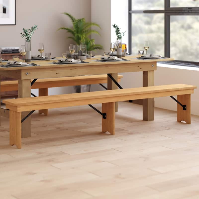 8' x 12" Solid Pine Folding Farm Bench with 3 Legs - Light Natural
