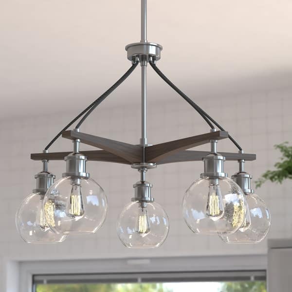 slide 2 of 11, Avondale 25.5-in Satin Nickel and Wood Farmhouse 5 Light Chandelier Dining Room Hanging Fixture Satin Nickel and Dark Sycamore - 25.25-in W x 25-in H x 25.25-in D
