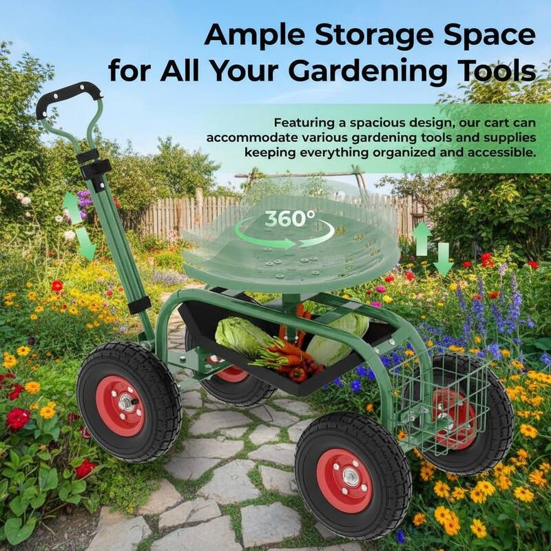 Garden Scooter Rolling Work Seat, 360° Swivel