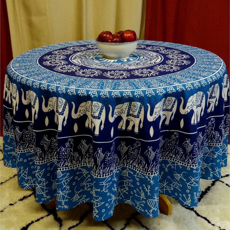 Cotton Flamboyant Elephant Floral Round Tablecloth Collection - Blue