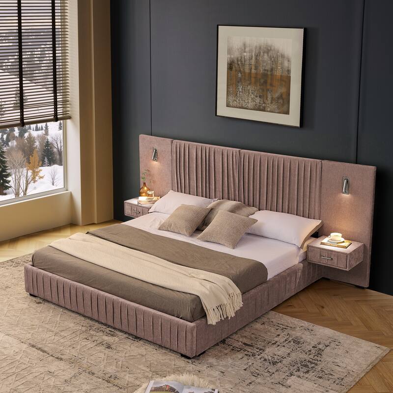 King Size Upholstered Bed Frame with Chenille fabric with pleated design,Grounded King Size Platform Bed