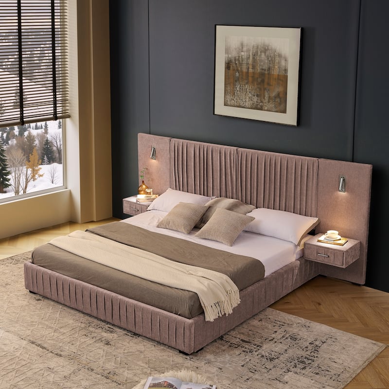 King Size Upholstered Chenille Grounded Bed with Headboard and Solid Frame