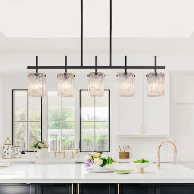 KAWOTI 5-light Linear Kitchen Island Pendant with Glam Glass Shade