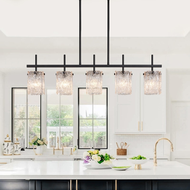 KAWOTI 5-light Linear Kitchen Island Pendant with Glam Glass Shade - L 38.25" x W 5" x H 21.75"