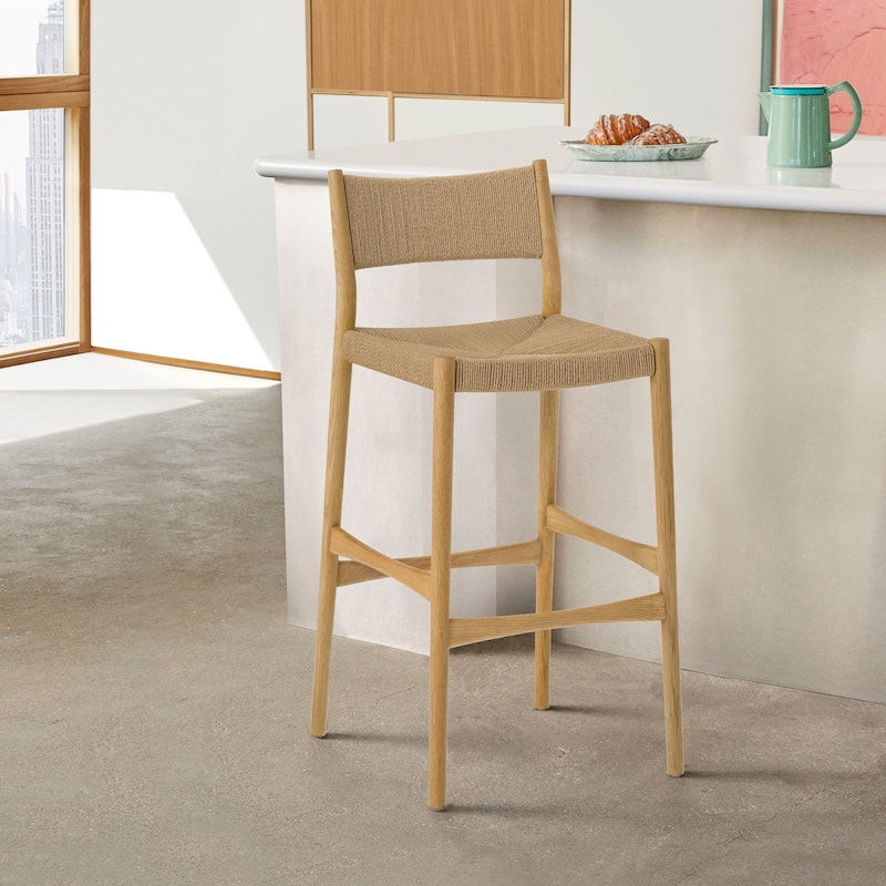 Erie Solid Wood and Woven Paper Cord Bar or Counter Height Chair Bar Stool - Natural Oak - Counter Height