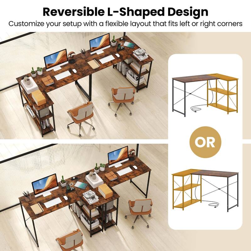 Costway L-Shaped Computer Desk with Power Outlets Adjustable shelf