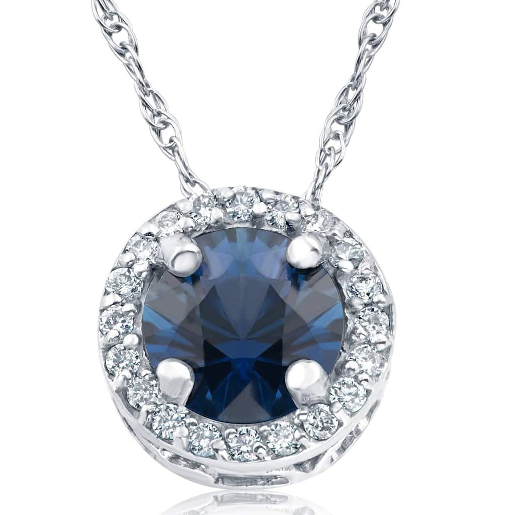 1/2ct Blue Sapphire & Diamond Halo Vintage Pendant White Gold & 18"