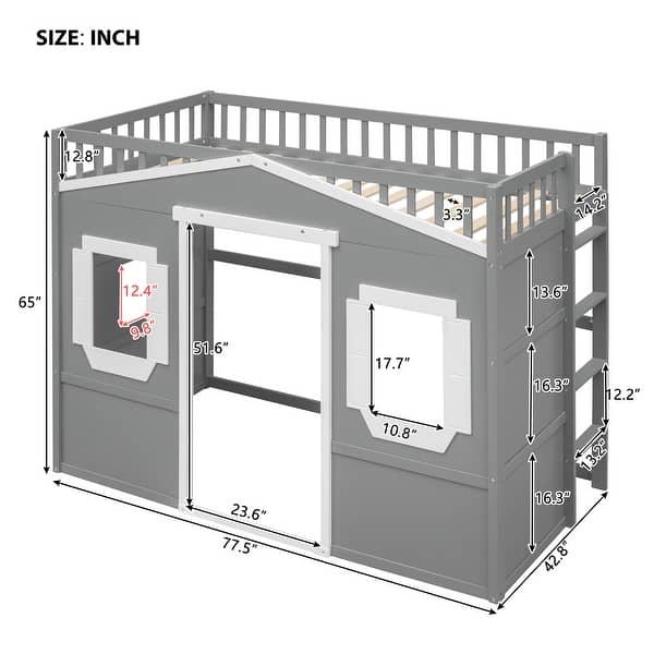dimension image slide 1 of 8, Solid Wood House Loft Bed with Ladder for Kids