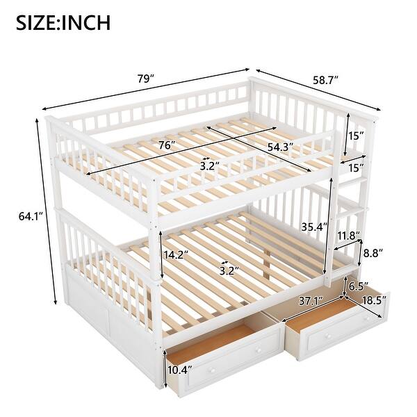 dimension image slide 2 of 4, Bunk Bed, Solid Wood Bunk Bed Frame with 2 Storage Drawers, Convertible Bunk Bed Can be Converted Into 2 Daybeds