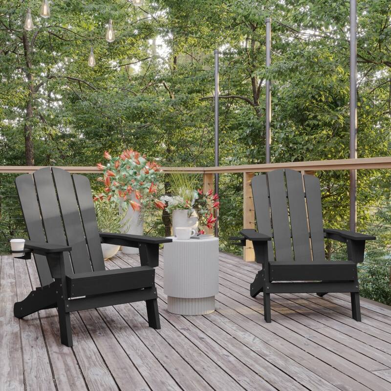 Set of 2 Commercial All-Weather Adirondack Chairs with Cupholders - Gray