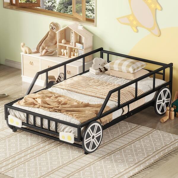 slide 2 of 8, Metal Twin Size Car Bed with Wheels and Headlights Decoration - Playful Design, Sturdy Frame, Safety Guaranteed Black