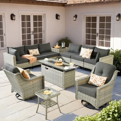 OVIOS 11-Piece Outdoor Wicker Swivel Chair Set With Solar-Powered Coffee Table&Fire Pit