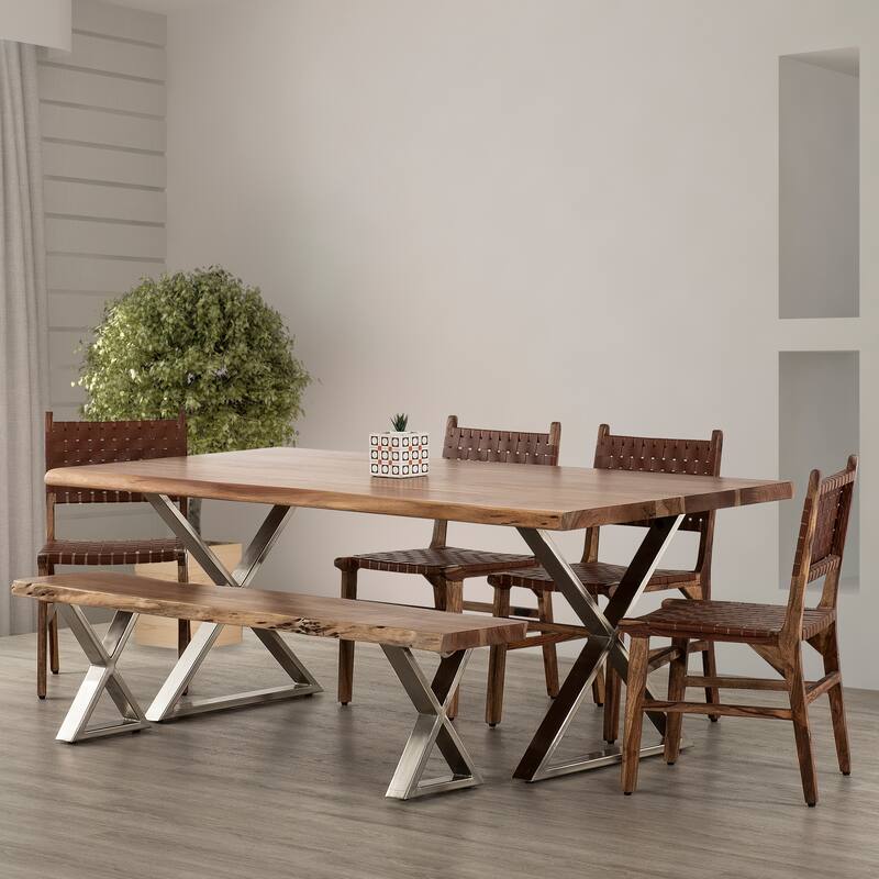 70" Acacia Wood Dining Bench, Farmhouse Design, Crossed Legs, Brown, Chrome