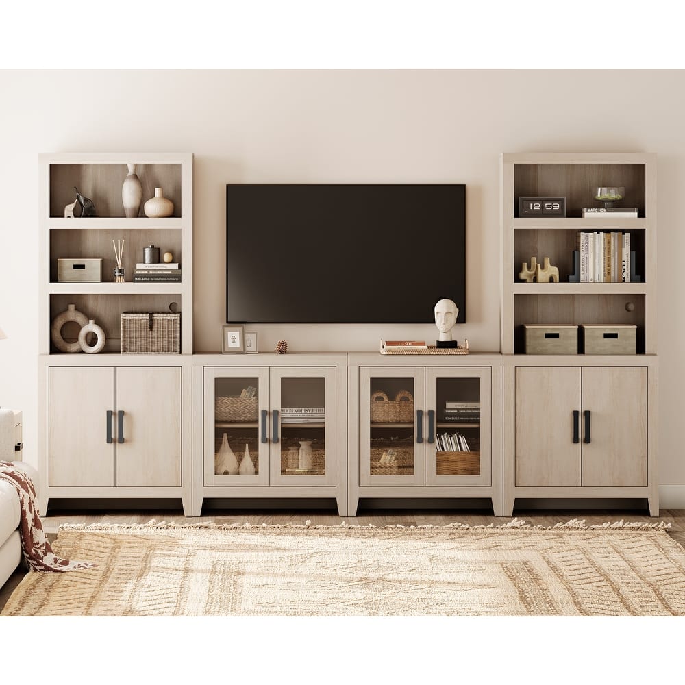 WAMPAT Large Entertainment Center with Bookshelves, Farmhouse TV Stand with Storage Cabinets & Glass Doors