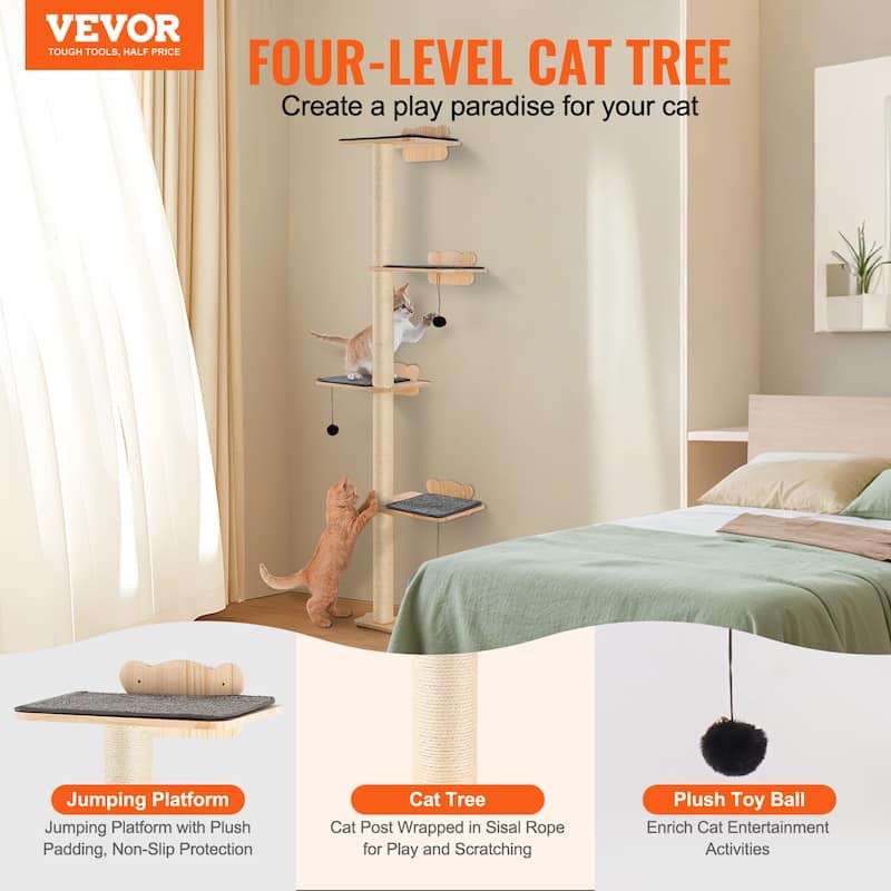 4 Tiers Tall Cat Tree Wood Cat Perch for Sleeping Playing and Climbing