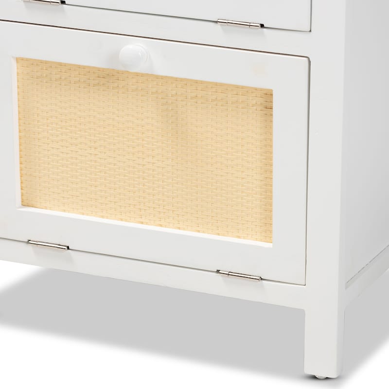 Baxton Studio Sariah Mid-Century Modern White Finished Wood and Rattan 2-Door End Table