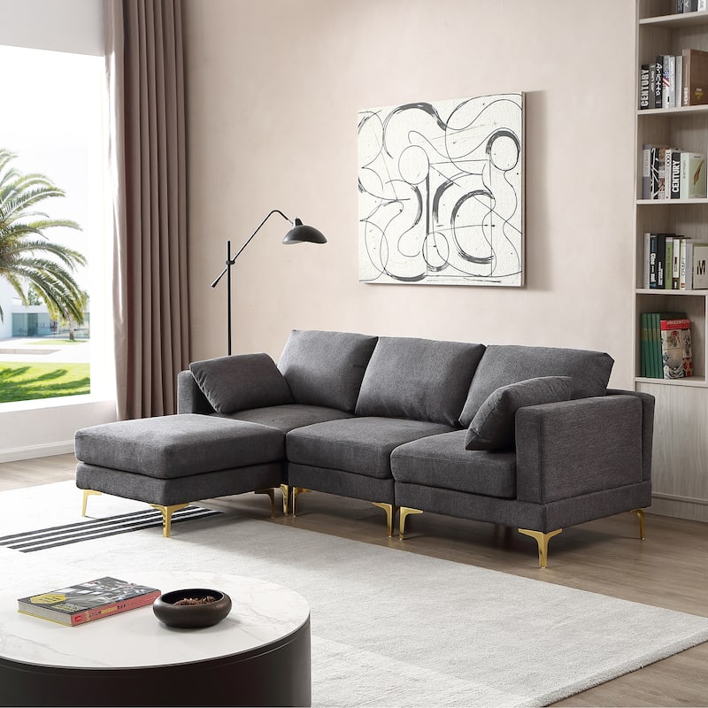 92'' Fabric L-Shape 3-Seater Sofa with Ottoman, Gold Metal Legs, and Toss Pillows