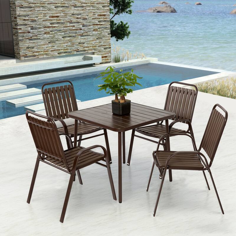 5 Piece Outdoor Dining Table Set, All Weather Outdoor Table and Chairs Set with Square Metal Dining Table with Plastic Chair - Brown