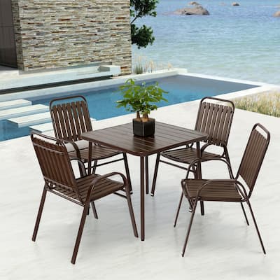 5 Piece Outdoor Dining Table Set, All Weather Outdoor Table and Chairs Set with Square Metal Dining Table with Plastic Chair