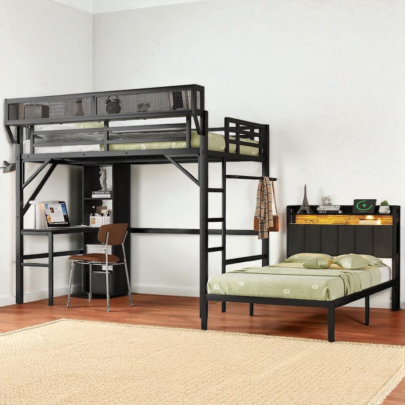 Full Over Twin Metal Bunk Bed with Desk, Bookshelves, LED Lights & Charging Station, Detachable Loft Bed