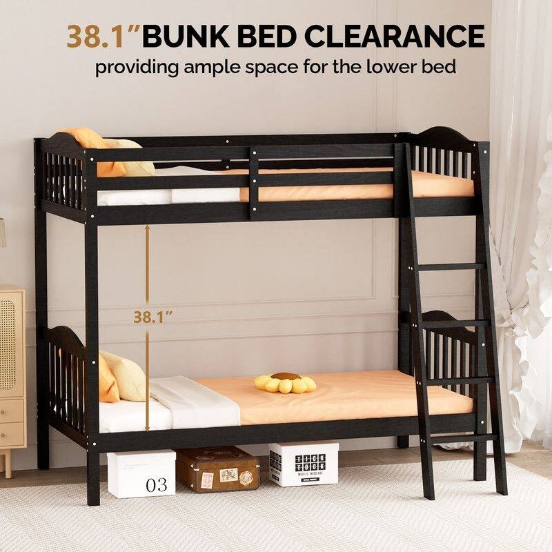 Twin Over Twin Solid Wood Bunk Bed for Kids and Adults, No Box Spring Required
