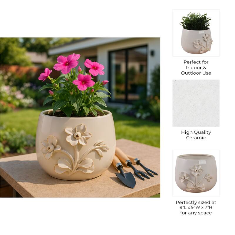 Decorative Ceramic Flower Planter with Flower Applique - Ivory