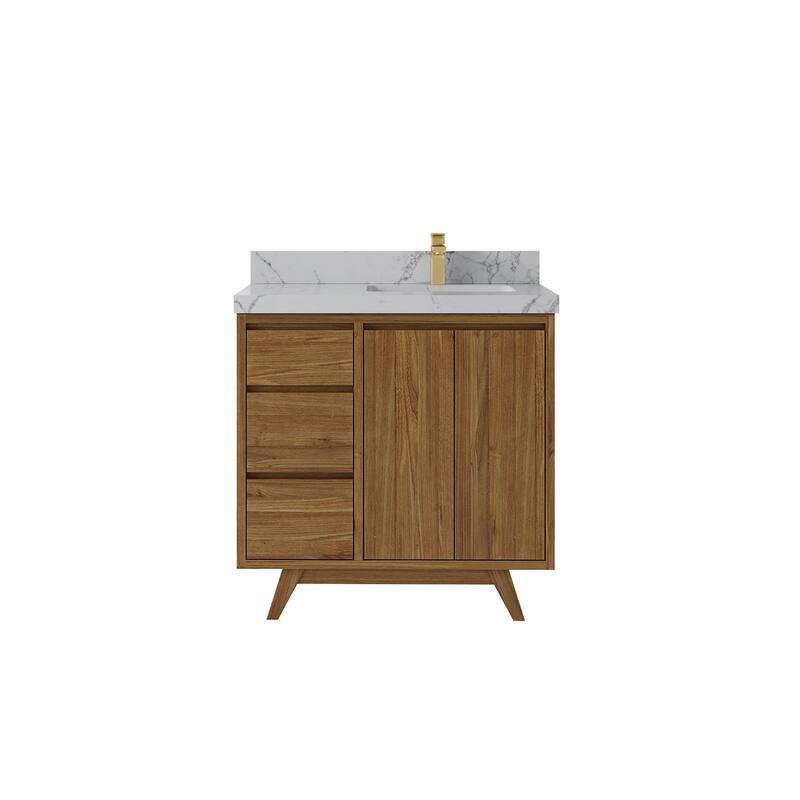 Willow Collections 36 in. W x 22 in. Madison Teak Single Right Offset Sink Bathroom Vanity with Countertop - 2"Venatino Quartz - Gold Teak