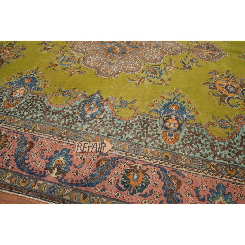 Hand Knotted Oriental 100% Wool Carpet Traditional Medallion Green Tabriz Area Rug - 13' 5'' X 9' 11''