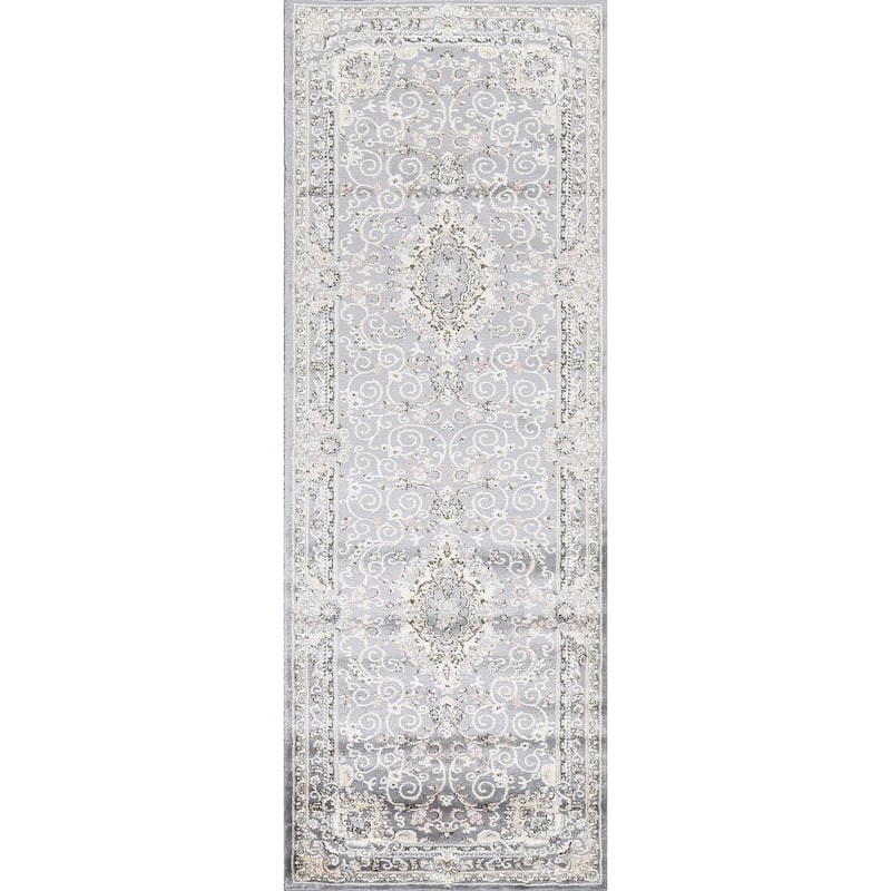 Grey Floral Medallion Transitional Turkish Rug Oriental Carpet - 2'7" x 7'10" - Grey