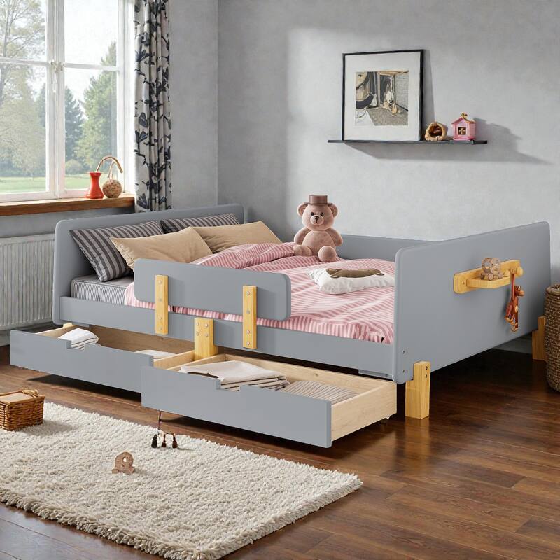 Twin/Full Wood Platform Bed with Storage Drawers, Guardrail, Shelf & Hooks, Solid Wood Frame, No Box Spring Needed