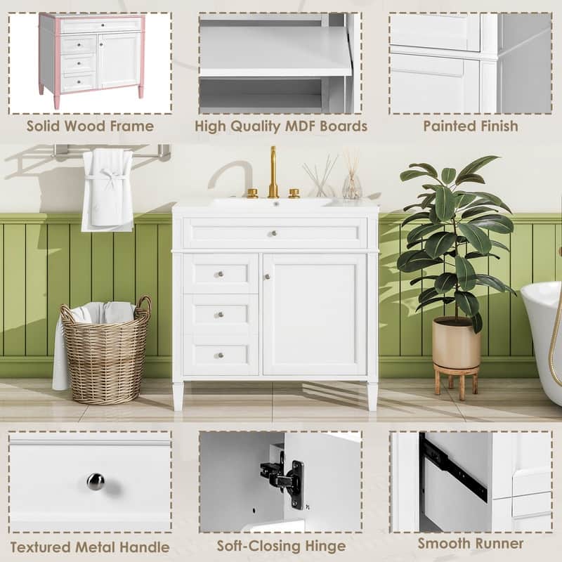 36" Modern Bathroom Vanity with Integrated Top Sink, Featuring Two Drawers, A Tip-Out Drawer, And A Sleek Single-Sink Design .