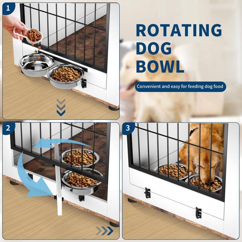 2-in-1 Dog Crate & Cat Tree - XL Wooden Pet Furniture w/Scratching Post & Bowls for Homes w/Both Dogs & Cats