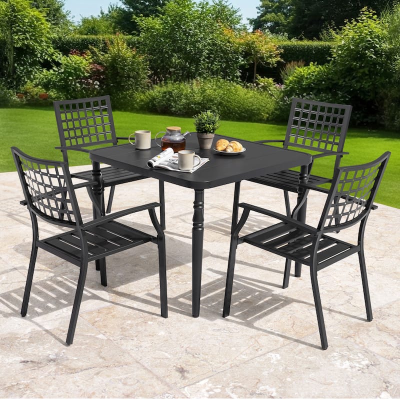 Outdoor Patio Dining Chair Set of 2, Powder-coated Iron Frame, Black